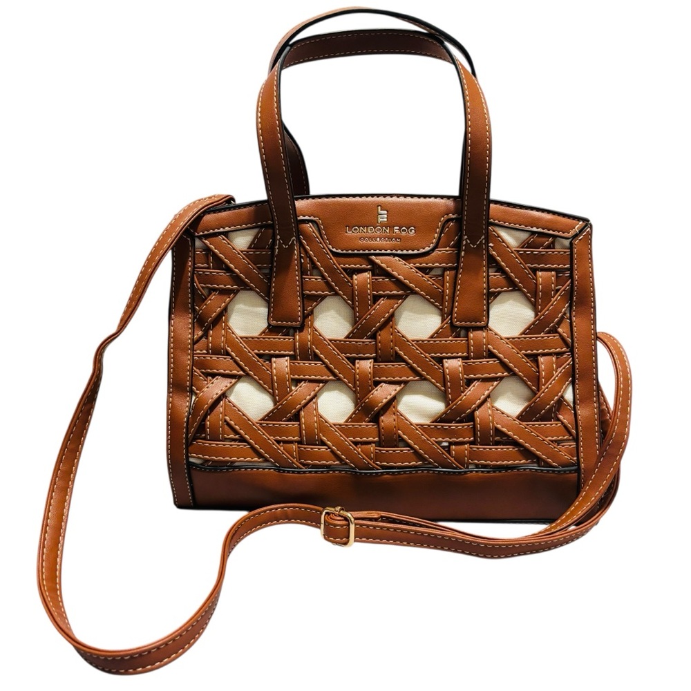 London Fog Basket Weave Satchel/Handbag Brown Vegan Leather Detachable Strap